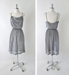 Vintage 70s Shimmering Silver Disco Goddess Dress M - Bombshell Bettys Vintage