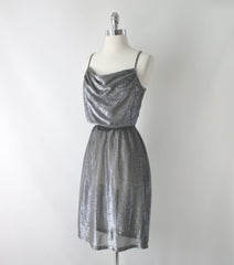Vintage 70s Shimmering Silver Disco Goddess Dress M - Bombshell Bettys Vintage