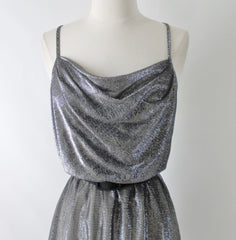 Vintage 70s Shimmering Silver Disco Goddess Dress M - Bombshell Bettys Vintage