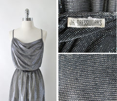 Vintage 70s Shimmering Silver Disco Goddess Dress M - Bombshell Bettys Vintage