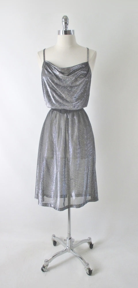 Vintage 70s Shimmering Silver Disco Goddess Dress M - Bombshell Bettys Vintage