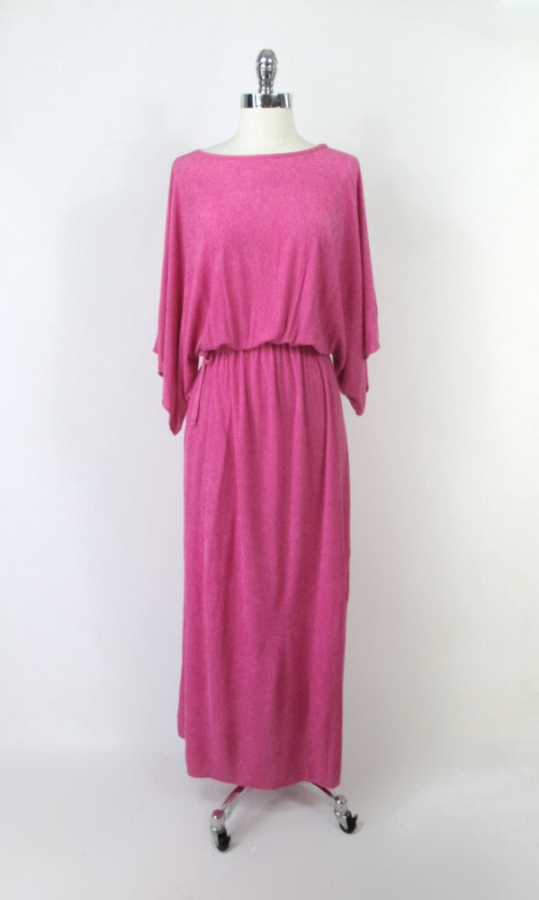 Vintage 70s Hot Pink Terry Cloth Grecian Maxi Dress / Cover Up L