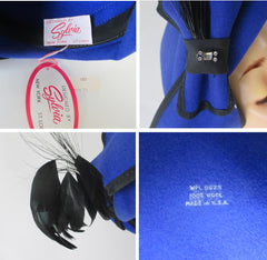 Vintage 80s Sylvia Blue Black Feather Hat /  Original Tags - Bombshell Bettys Vintage