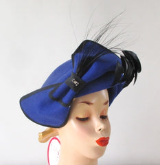 Vintage 80s Sylvia Blue Black Feather Hat /  Original Tags - Bombshell Bettys Vintage