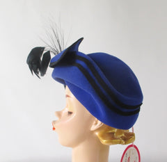 Vintage 80s Sylvia Blue Black Feather Hat /  Original Tags - Bombshell Bettys Vintage