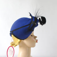 Vintage 80s Sylvia Blue Black Feather Hat /  Original Tags - Bombshell Bettys Vintage