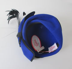Vintage 80s Sylvia Blue Black Feather Hat /  Original Tags - Bombshell Bettys Vintage