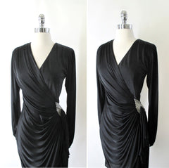 Vintage 80s Black Side Drape Beaded Party Dress S