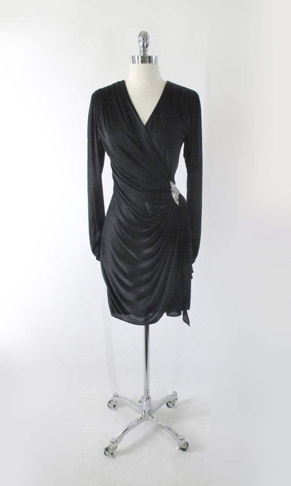 Vintage 80s Black Side Drape Beaded Party Dress S