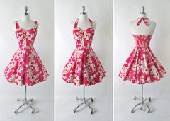 Vintage 80s 50s Style Royal Hawaiian Pink Plumeria Fit & Flare Dress S - Bombshell Bettys Vintage
