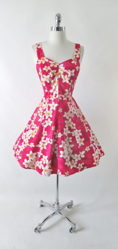 Vintage 80s 50s Style Royal Hawaiian Pink Plumeria Fit & Flare Dress S - Bombshell Bettys Vintage
