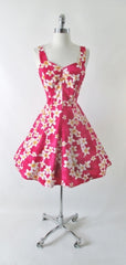 Vintage 80s 50s Style Royal Hawaiian Pink Plumeria Fit & Flare Dress S - Bombshell Bettys Vintage