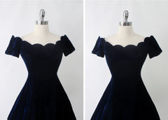 Vintage 90s Blue Velvet Off Shoulder Mini Party Dress S
