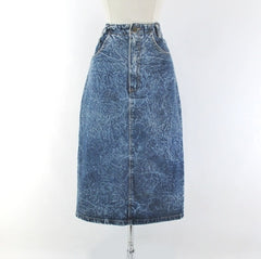 Vintage 90's Acid / leather washed tea length denim blue jean skirt M - Bombshell Bettys Vintage front