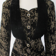 Vintage 80s Shimmering Gold Flocked Black Velvet Jacket & Vest S