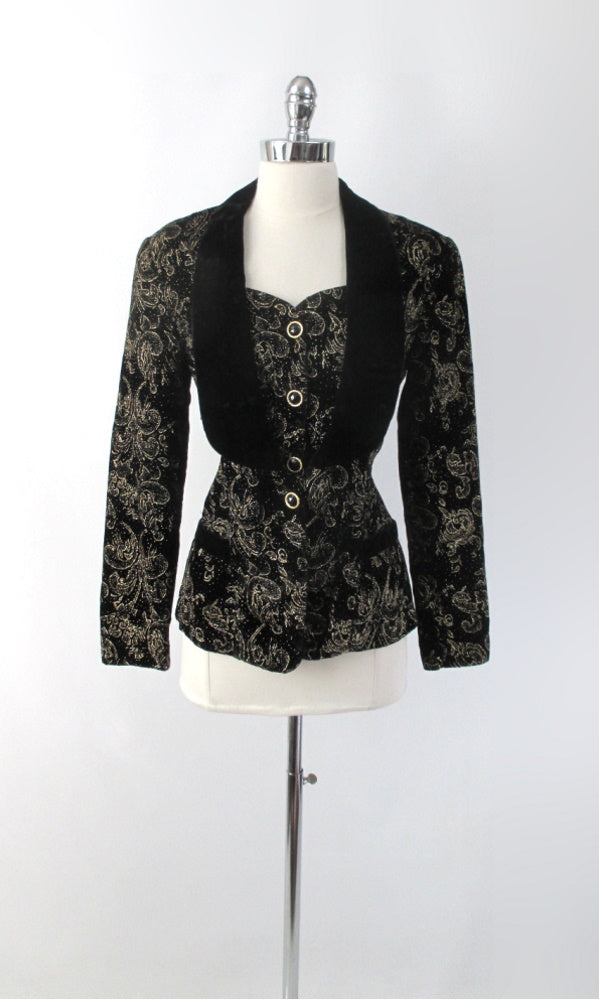Vintage 80s 90s Gold Flocked Black Velvet Jacket Vest S