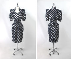 Vintage 80s / 50s Style Blue White Polka Dot Sheath Dress S