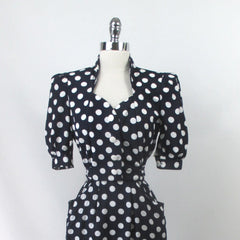 Vintage 80s / 50s Style Blue White Polka Dot Sheath Dress S