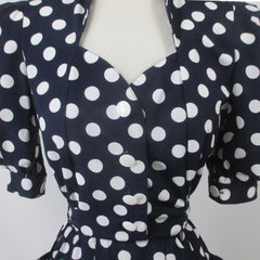 Vintage 80s / 50s Style Blue White Polka Dot Sheath Dress S