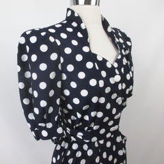 Vintage 80s / 50s Style Blue White Polka Dot Sheath Dress S