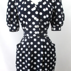 Vintage 80s / 50s Style Blue White Polka Dot Sheath Dress S