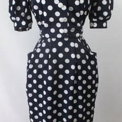 Vintage 80s / 50s Style Blue White Polka Dot Sheath Dress S