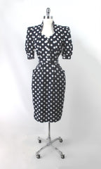 Vintage 80s / 50s Style Blue White Polka Dot Sheath Dress S