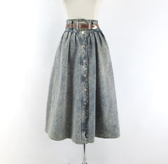 vintage 80s acid wash denim jean western country prairie full skirt matching belt large bombshell bettys vintage front