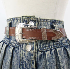 vintage 80s acid wash denim jean western country prairie full skirt matching belt large bombshell bettys vintage buckle 