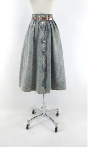 Vintage 80s Acid Wash Western Denim Prairie Skirt & Matching Belt L