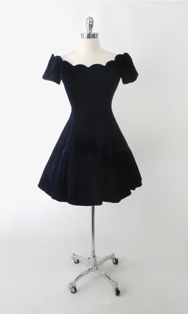 Vintage 90s Blue Velvet Off Shoulder Mini Party Dress S