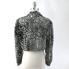 vintage black white 80s leopard zebra print bluse top leahter shoulders glam rocker secretary bombshell bettys vintage back