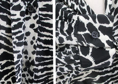 vintage black white 80s leopard zebra print bluse top leahter shoulders glam rocker secretary bombshell bettys vintage buttons