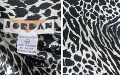 vintage black white 80s leopard zebra print bluse top leahter shoulders glam rocker secretary bombshell bettys vintage tag