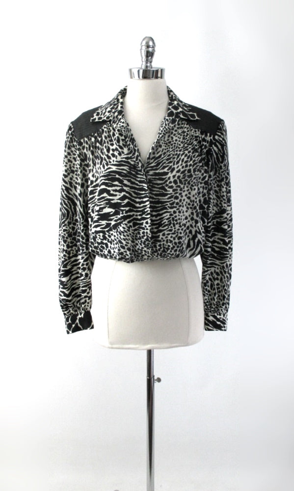 vintage black white 80s leopard zebra print bluse top leahter shoulders glam rocker secretary bombshell bettys vintage gallery