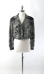 vintage black white 80s leopard zebra print bluse top leahter shoulders glam rocker secretary bombshell bettys vintage gallery