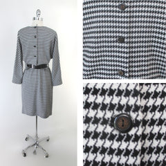 Vintage 80's Black White Houndstooth Button Back Dress M