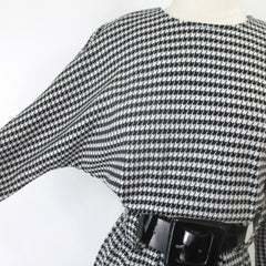 Vintage 80's Black White Houndstooth Button Back Dress M
