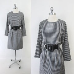 Vintage 80's Black White Houndstooth Button Back Dress M