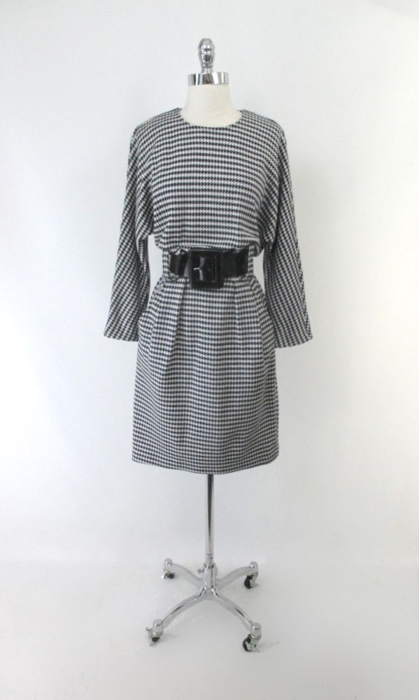 Vintage 80's Black White Houndstooth Button Back Dress M