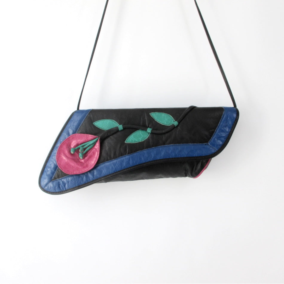 Vintage 80s Leather 3D Flower Handbag / Cross Body / Clutch Bag