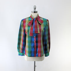 Vintage 70s DVF Diane Von Fürstenberg Pussycat Bow Plaid Blouse L
