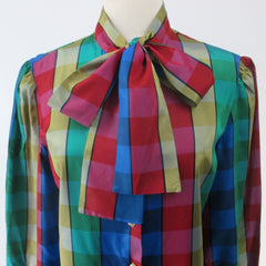 Vintage 70s DVF Diane Von Fürstenberg Pussycat Bow Plaid Blouse L