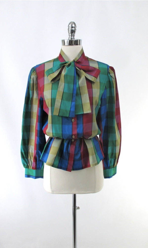 Vintage 70s DVF Diane Von Fürstenberg Pussycat Bow Plaid Blouse L