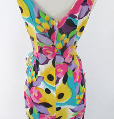 vintage 90s glam bright floral flower sheath sarong dress  LA Chic USA bombshell bettys vintage waist