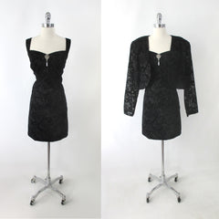 Vintage 90s Black Flocked Velvet Party Dress Matching Bolero Jacket Plus 2XL