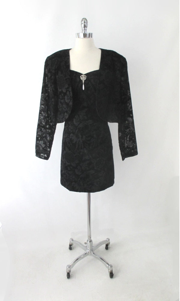 Vintage 90s Black Flocked Velvet Party Dress Matching Bolero Jacket Plus 2XL