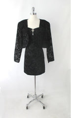 Vintage 90s Black Flocked Velvet Party Dress Matching Bolero Jacket Plus 2XL