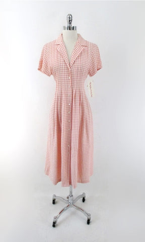 Vintage 90s Peach Gingham Tea Length Ashley Dress M