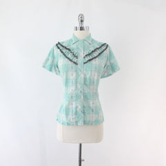 Vintage 50s 60s Women's Trail Ridge Aqua Plaid Ruffled Western Shirt S